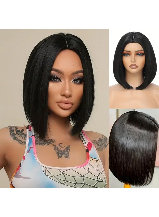 شعر مستعار بوب أسود أنيق بطول 12 بوصة للنساء مقاوم للحرارة صناعي للاستخدام اليومي - Image 2
