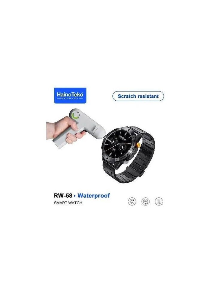 Haino Teko RW-58 Water-Resistant Smartwatch The Haino Teko RW-58 is a smartwatch. Display: AMOLED screen Water Resistance: Designed to be water-resistant. Connectivity: Supports Bluetooth calling (BT Call). Accessories: Comes with 3 pairs of interchangeable straps. Design: Features a - Image 1