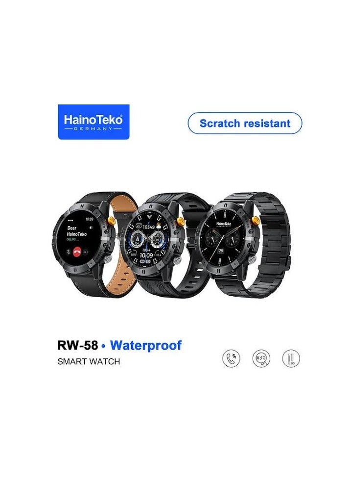Haino Teko RW-58 Water-Resistant Smartwatch The Haino Teko RW-58 is a smartwatch. Display: AMOLED screen Water Resistance: Designed to be water-resistant. Connectivity: Supports Bluetooth calling (BT Call). Accessories: Comes with 3 pairs of interchangeable straps. Design: Features a - Image 2