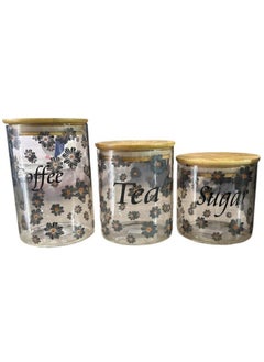 Spaceshoop Glass Kitchen Canister Set with Bamboo Lids, 3-Piece Coffee Tea Sugar Storage Containers, Floral Pattern (Round)  - Image 1