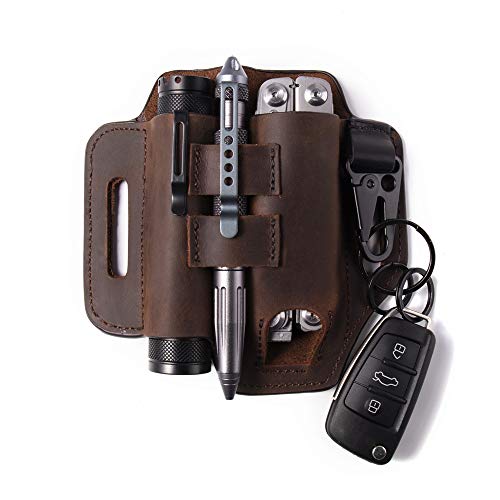 Gentlestache Multitool Belt Sheath, EDC Leather Belt Organizer, Flashlight Holder, Pen Holder and Keychain Clip, Practical EDC Pouch for Men Dark Brown - Image 1