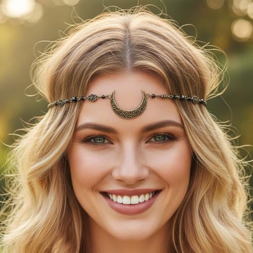 Urieo Boho Moon Head Chain Jewelry Vintage Gold Crescent Headpiece Witch Halloween Costume Hair Accessories for Women - Image 3
