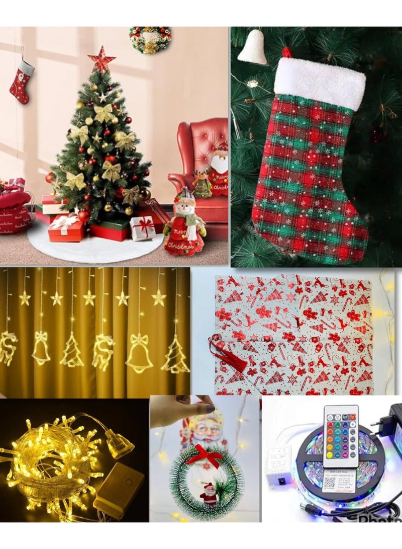 مجموعة كاملة زينه ديكور  المنزل كريسماس 8 قطع ( شجرة 120سم معها 40 زينة شجرة ونجمه + سريا اصفر 18 متر ليد+ مفرش تنورة شجرة + رانر عيد الميلاد + اكليل سانتا صغير + شراب جارب عليقة + شريط صغير مع ريموت كنترول + سريا غزالة 2 متر  ) - Image 1