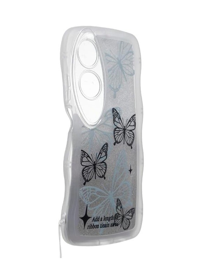 Wavy Clear Butterfly Glitter Case for Oppo A60, Shockproof Blue & Black Sparkle Cover with Matching Beaded Phone Wrist Strap - Image 2