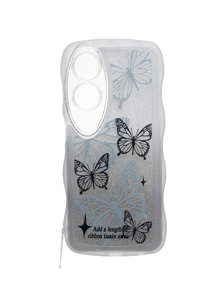 Wavy Clear Butterfly Glitter Case for Oppo A60, Shockproof Blue & Black Sparkle Cover with Matching Beaded Phone Wrist Strap - Image 1