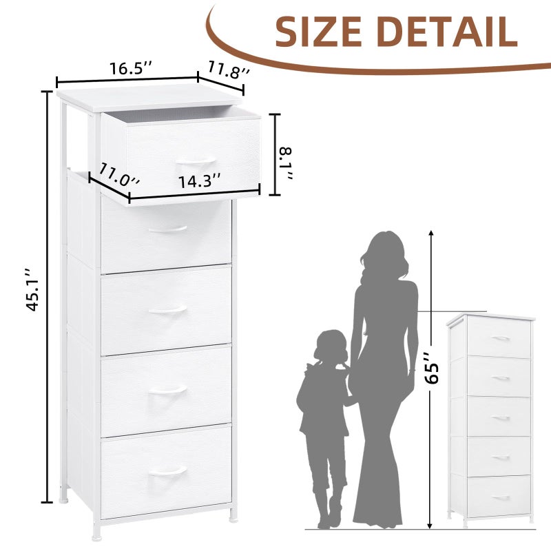 Somdot Tall Dresser for Bedroom with 5 Drawers, Storage Organizer Chest of Drawers with Removable Fabric Bins for Closet Bedside Living Room Laundry Entryway Hallway, White Leather - Image 3