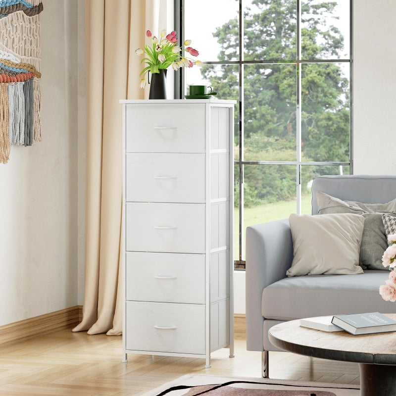 Somdot Tall Dresser for Bedroom with 5 Drawers, Storage Organizer Chest of Drawers with Removable Fabric Bins for Closet Bedside Living Room Laundry Entryway Hallway, White Leather - Image 4