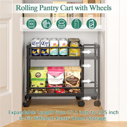 3IngSeagulls 2Tier Expandable Rolling Pantry Cart with Wheels Adjustable Floor Organizer for Kitchen Pantry Can Organizer for Pantry Storage Cart for Snack Food Vegetables Black Patent Pending - Image 3