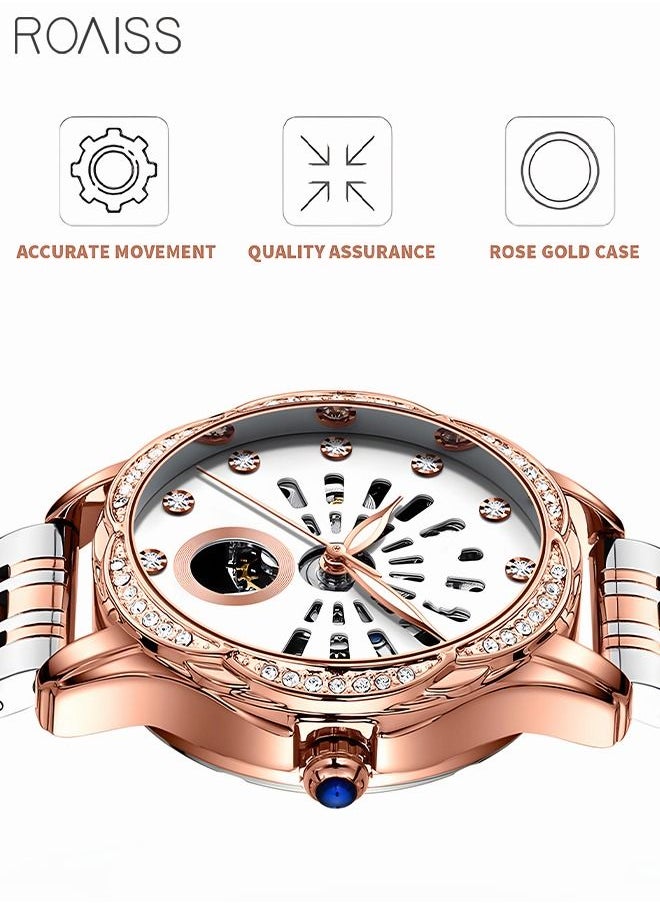 roaiss - Women's Stainless Steel Strap Mechanical Watch Analog Display Round Dial with Hollow Pattern and Rhinestones Decoration Waterproof Luminous Luxurious Wristwatch as Gift for Ladies - Image 1