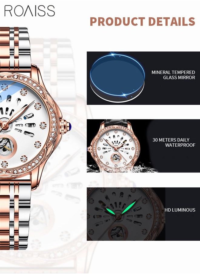 roaiss - Women's Stainless Steel Strap Mechanical Watch Analog Display Round Dial with Hollow Pattern and Rhinestones Decoration Waterproof Luminous Luxurious Wristwatch as Gift for Ladies - Image 1