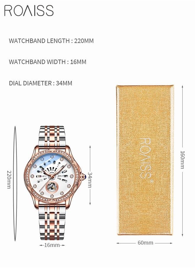 roaiss - Women's Stainless Steel Strap Mechanical Watch Analog Display Round Dial with Hollow Pattern and Rhinestones Decoration Waterproof Luminous Luxurious Wristwatch as Gift for Ladies - Image 1