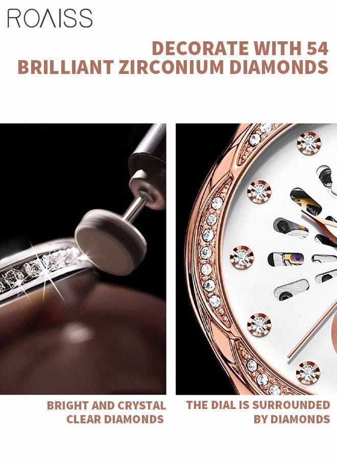 roaiss - Women's Stainless Steel Strap Mechanical Watch Analog Display Round Dial with Hollow Pattern and Rhinestones Decoration Waterproof Luminous Luxurious Wristwatch as Gift for Ladies - Image 1