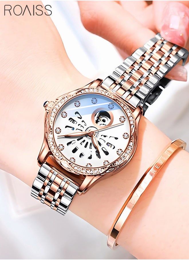 roaiss - Women's Stainless Steel Strap Mechanical Watch Analog Display Round Dial with Hollow Pattern and Rhinestones Decoration Waterproof Luminous Luxurious Wristwatch as Gift for Ladies - Image 1