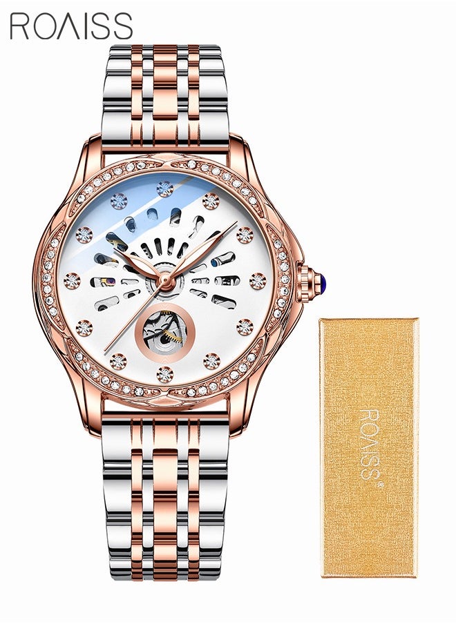 roaiss - Women's Stainless Steel Strap Mechanical Watch Analog Display Round Dial with Hollow Pattern and Rhinestones Decoration Waterproof Luminous Luxurious Wristwatch as Gift for Ladies - Image 1