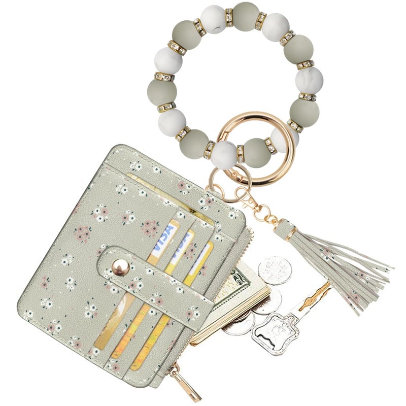 COOLANS Wristlet Bracelet Keychain Pocket Credit Card Holder Purse Tassel Keychain Bangle Key Ring for Women (Silicone & Shiny Bead+Card Purse (Light Grey Green)) - Image 1