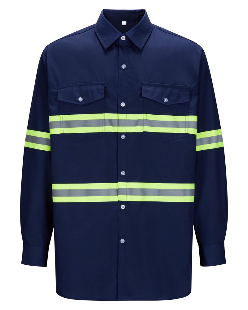 Ousafeve Class 3 Navy Hi Vis Button Up Safety Work Shirts for Men Reflective (X-Large, Navy_Long) - Image 1