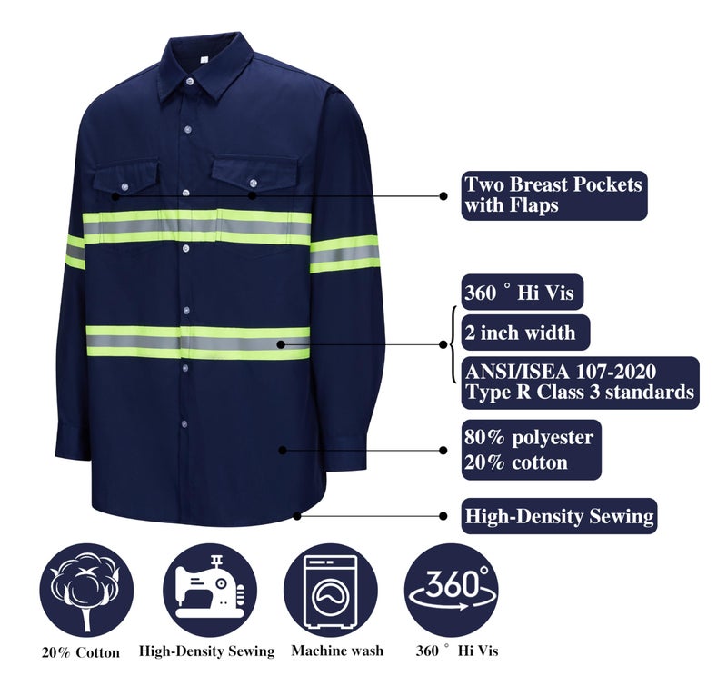 Ousafeve Class 3 Navy Hi Vis Button Up Safety Work Shirts for Men Reflective (X-Large, Navy_Long) - Image 2