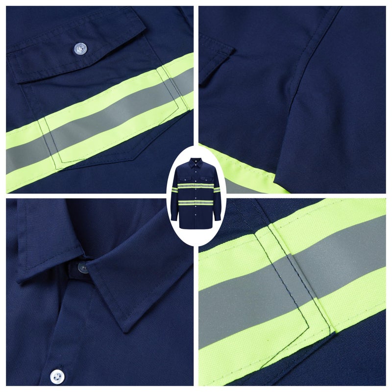 Ousafeve Class 3 Navy Hi Vis Button Up Safety Work Shirts for Men Reflective (X-Large, Navy_Long) - Image 3