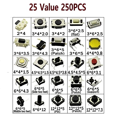 DaFuRui 250pcs 25 Values Tactile Push Button Switch SMD Micro Momentary Tact Switch Assortment Kit - Image 2