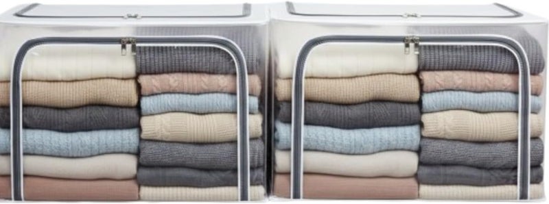 Raggle 2 PCS polycotton Clothes Storage Organizer Bins, Foldable Storage Bins-Cloth Steel Frame Storage Box with Foldable Clear Window & Reinforced Handles 50 * 40 * 30CM (Transparent, 66L-2) - Image 1