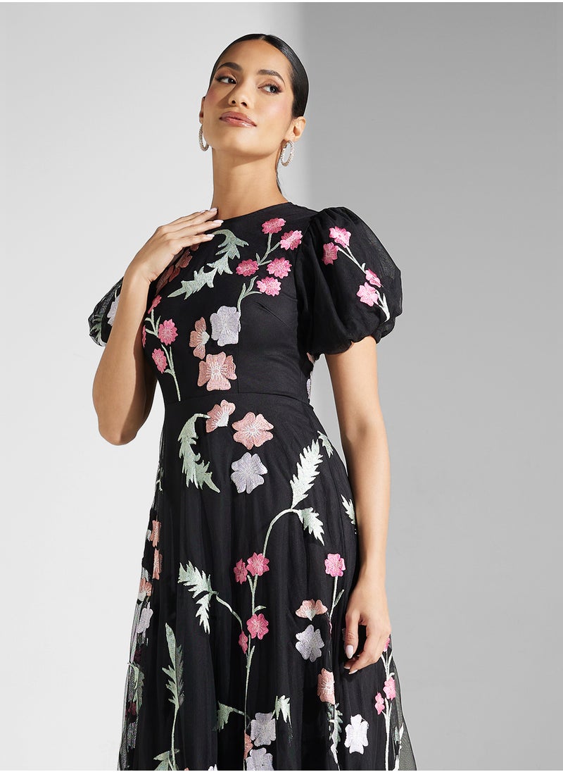 Maya Floral Embroidery Open Back Black Maxi Dress  - Image 3