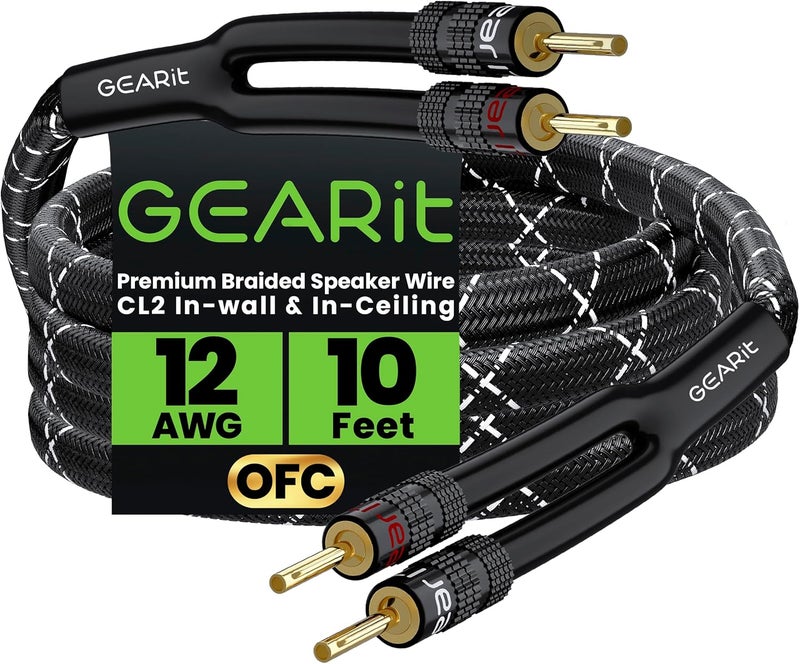 GearIT 12AWG Speaker Cable Wire with Gold-Plated Banana Tip Plugs (10 Feet) in-Wall CL2 Rated, Heavy Duty Braided, 99.9% Oxygen-Free Copper (OFC) - Black, 10ft - Image 1