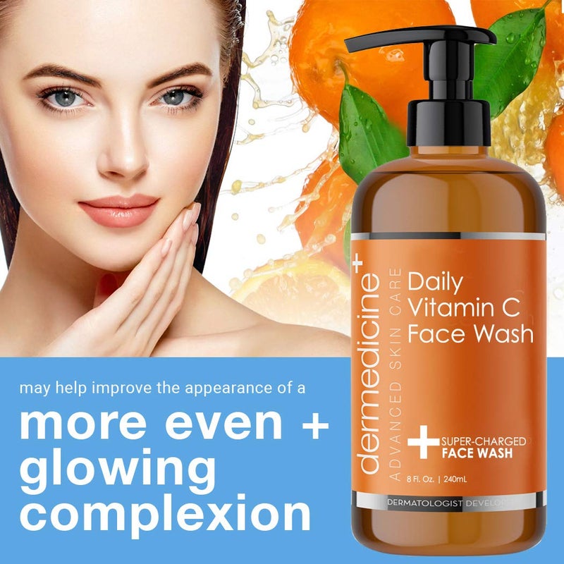 Dermedicine Daily Vitamin C Face Wash Super-Charged w/Marine & Plant Extracts & Retinol Cleaner | Works to Help as Cleanser, Brighten & Balance Complexion 8 Fl. Oz. | 240mL - Image 3