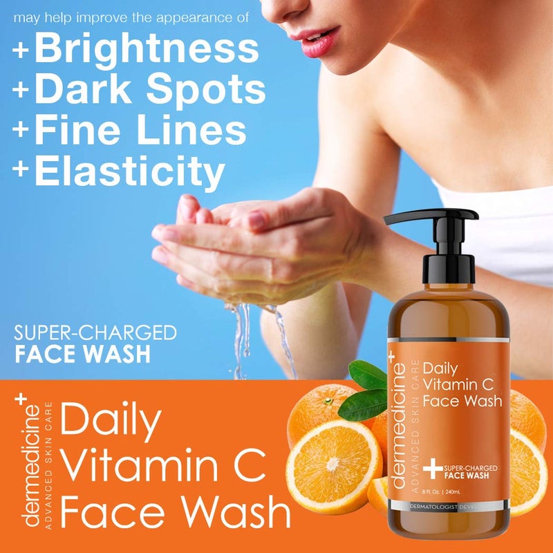 Dermedicine Daily Vitamin C Face Wash Super-Charged w/Marine & Plant Extracts & Retinol Cleaner | Works to Help as Cleanser, Brighten & Balance Complexion 8 Fl. Oz. | 240mL - Image 2