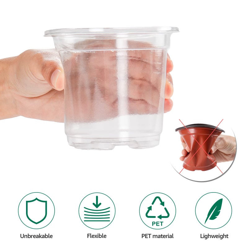 Bluepro 30 Packs 4 Inch Reinforced Clear Nursery Pots with Humidity Dome, Transparent Plastic Plant Pot Seedling Planter with Drainage Holes for Vegetable Propagation, Root Cutting, Seed Starting - Image 4