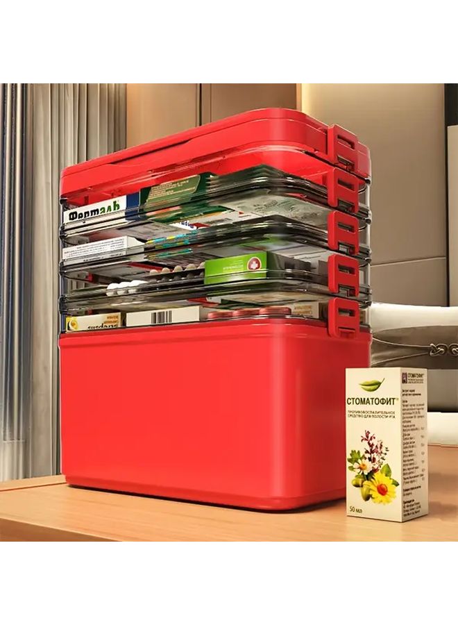 Red Three Layer Portable Medicine Box Storage Organizer For Home And Travel - Image 1