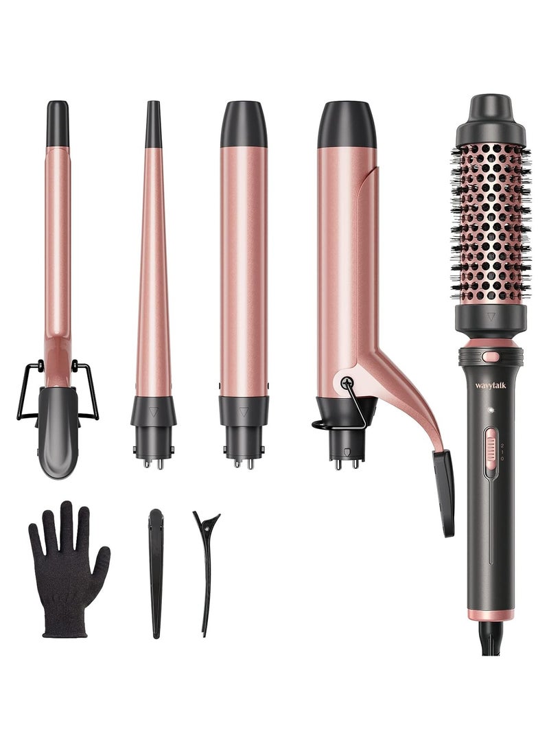 5 In 1 Curling Iron,Curling Wand Set With Curling Brush And 4 Interchangeable Ceramic Curling Wand(0.5”-1.25”),Instant Heat Up,Include Heat Protective Glove & 2 Clips