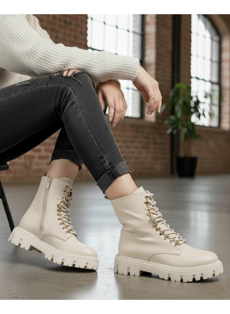 لايف ستيلاش  جزمة كاحل من الجلد  بحبل E-101 - بيج - Image 1