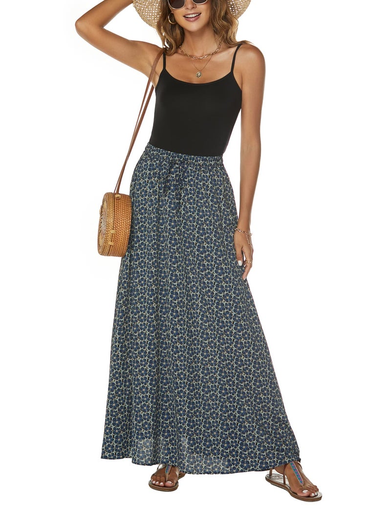 Bluetime Women Casual A-Line High Waist Floor Length Floral Print Pleated Skirts Loose Swing Maxi Skirts (L, Floral21) - Image 2