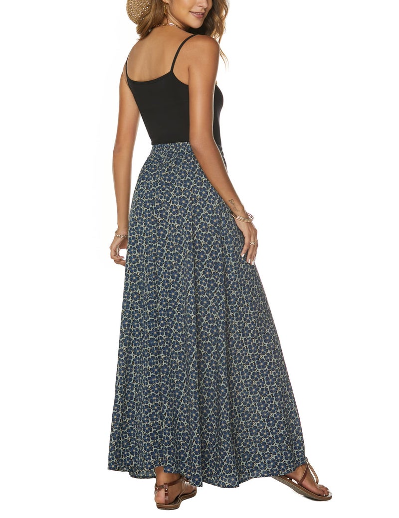 Bluetime Women Casual A-Line High Waist Floor Length Floral Print Pleated Skirts Loose Swing Maxi Skirts (L, Floral21) - Image 5