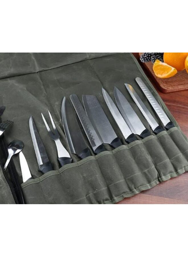 Chef’s Knife Roll Bag, Waxed Canvas Knife Cultery Carrier, Portable Chef Knife Cases, Knife Pouch Holders With 10 Slots Plus 1 Zipper Pockets Can Hold Home Kitchen Knife Tools(Green) - Image 5