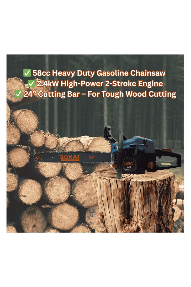 BONAI BN-HK67-24 58cc Gas Powered Chainsaw – 24” Bar, 2-Stroke Petrol Engine, 2.4kW Heavy Duty Wood Cutter for Tree Felling, Logging, Garden, and Outdoor Work - Image 4