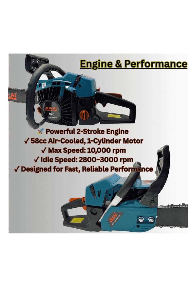 BONAI BN-HK67-24 58cc Gas Powered Chainsaw – 24” Bar, 2-Stroke Petrol Engine, 2.4kW Heavy Duty Wood Cutter for Tree Felling, Logging, Garden, and Outdoor Work - Image 5