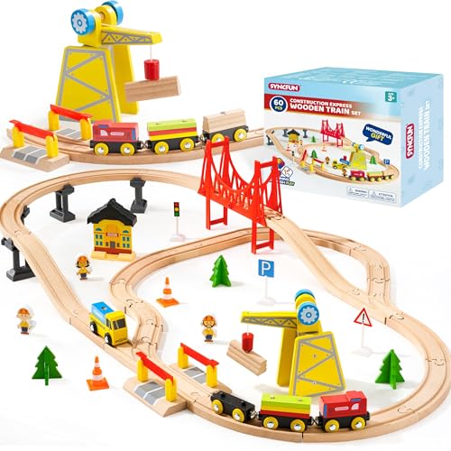 SYNCFUN 60PCS Wooden Train Set Toy Magnetic Trains with Wooden Track Set for Kids Ages 38 Construction Crane Railway Set Perfect Easter Birthday Gift for Grandkids Toddlers Boys Girls - Image 1