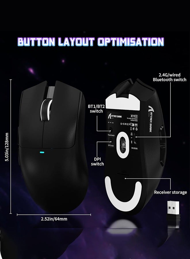 هجوم القرش ماوس ألعاب لاسلكي خفيف الوزن X11SE، ماوس ألعاب لاسلكي/سلكي ثلاثي الوضع 59 جرام، مستشعر ألعاب PixArt PAW3311، دقة 22000 نقطة في البوصة، فأرة مكتب لأجهزة الكمبيوتر/Xbox/Win/Mac (أسود) - Image 2