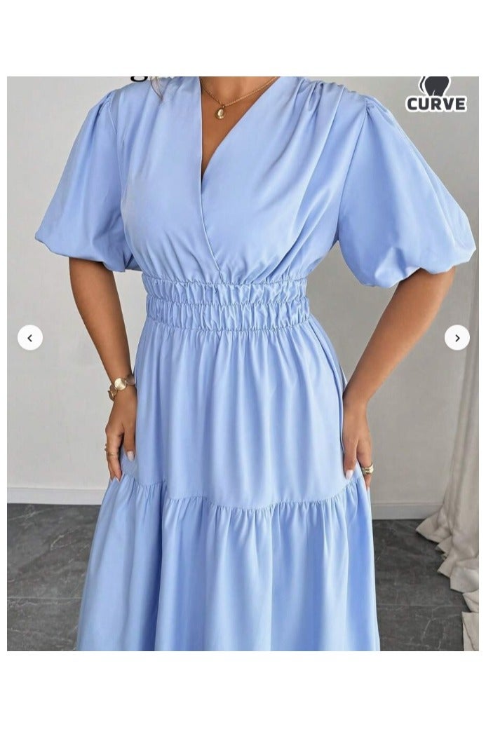 Shein Plus-size zomer casual effen jurk met pofmouwen - Image 3