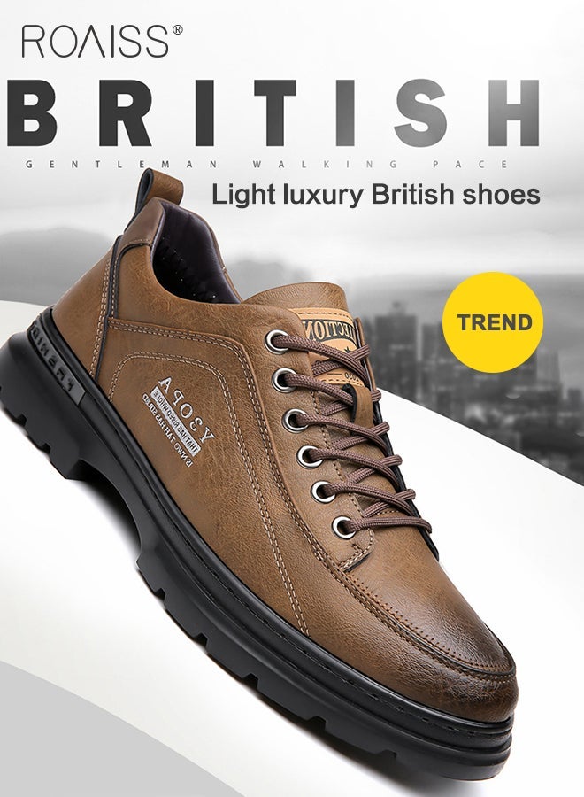 roaiss Men's Leather Casual Oxfords Shoes Platform Comfortable Non-slip Fashion Low-Top Lace-Up Round Toe Classic Soft Flat Loafers Outdoor Sneaker Work Dress Shoes Brown - Image 3