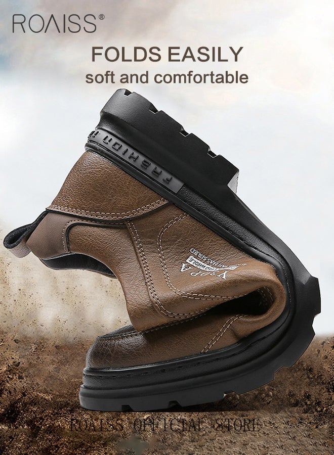 roaiss Men's Leather Casual Oxfords Shoes Platform Comfortable Non-slip Fashion Low-Top Lace-Up Round Toe Classic Soft Flat Loafers Outdoor Sneaker Work Dress Shoes Brown - Image 5