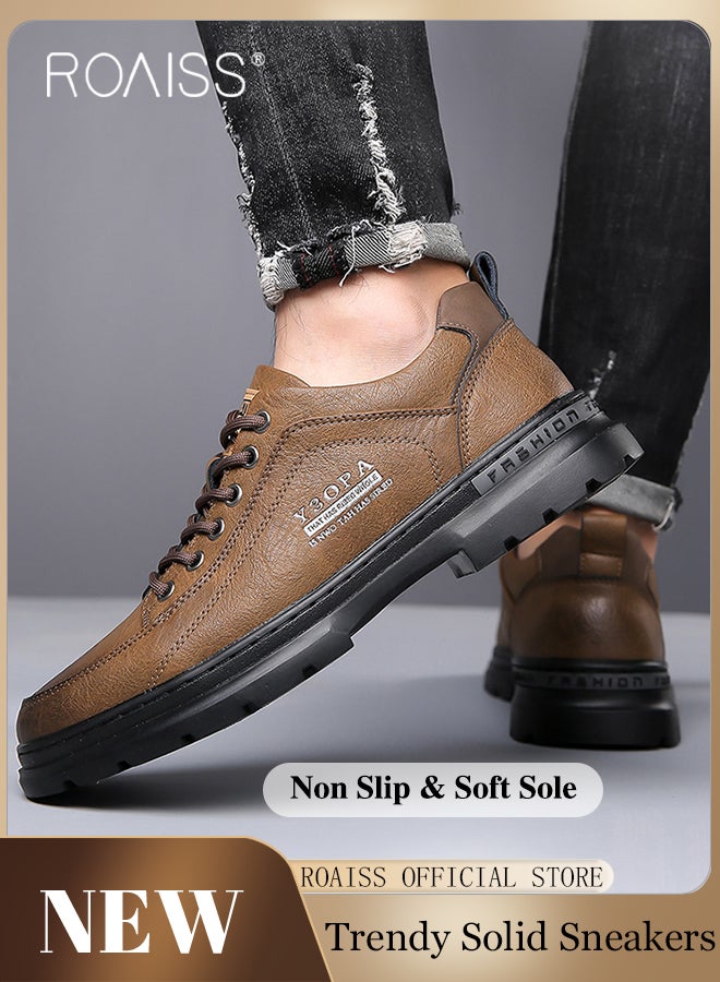 roaiss Men's Leather Casual Oxfords Shoes Platform Comfortable Non-Slip Fashion Low-Top Outdoor Sneaker Work Dress Shoes  - Image 2