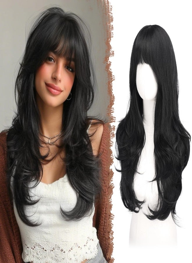 FESHFEN Black Wig with Bangs for Women, Long Wavy Layered Hairstyle Synthetic Heat Resistant Wigs for Daily Party Use 26 inch - Image 1