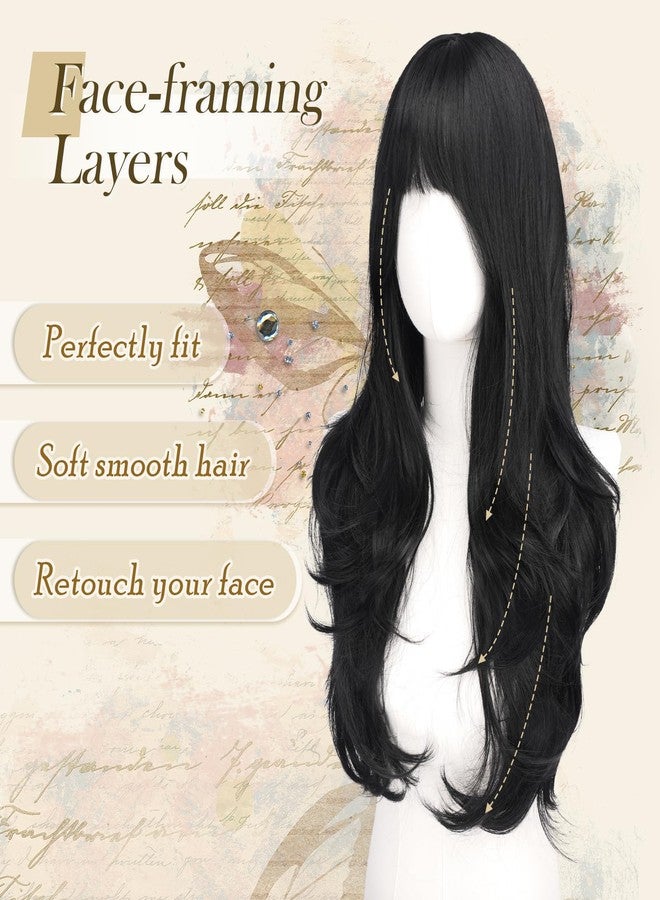 FESHFEN Black Wig with Bangs for Women, Long Wavy Layered Hairstyle Synthetic Heat Resistant Wigs for Daily Party Use 26 inch - Image 3