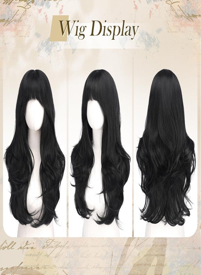 FESHFEN Black Wig with Bangs for Women, Long Wavy Layered Hairstyle Synthetic Heat Resistant Wigs for Daily Party Use 26 inch - Image 2