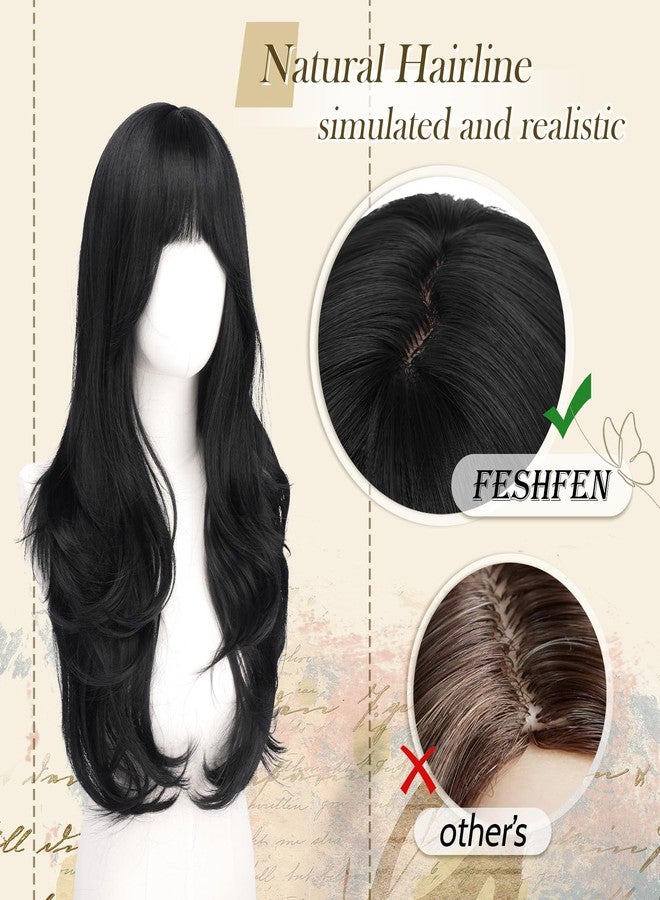 FESHFEN Black Wig with Bangs for Women, Long Wavy Layered Hairstyle Synthetic Heat Resistant Wigs for Daily Party Use 26 inch - Image 4