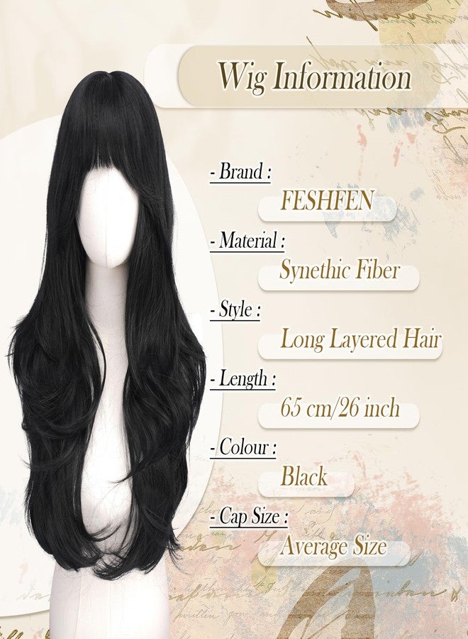 FESHFEN Black Wig with Bangs for Women, Long Wavy Layered Hairstyle Synthetic Heat Resistant Wigs for Daily Party Use 26 inch - Image 5