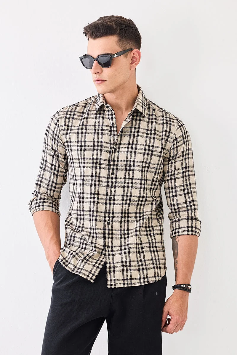 سنيتش Beige Checkered Long Sleeve Slim Fit Luxe Shirt