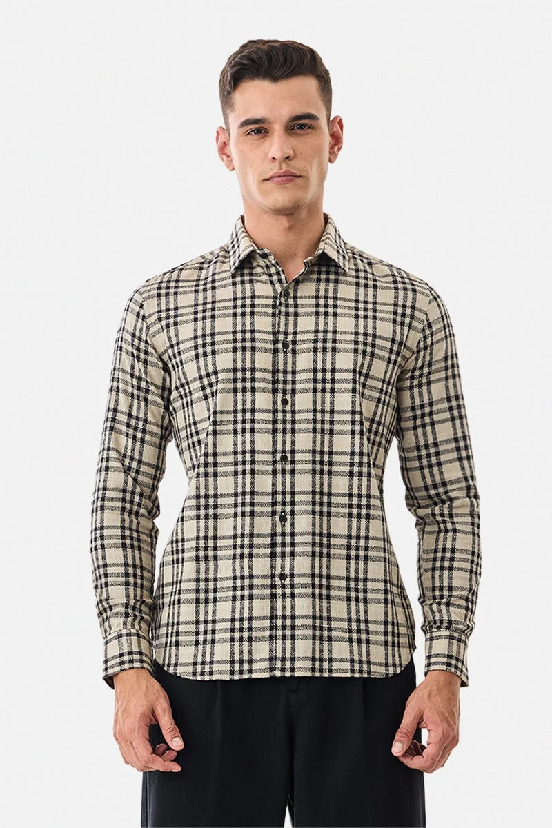 SNITCH Beige Checkered Long Sleeve Slim Fit Luxe Shirt